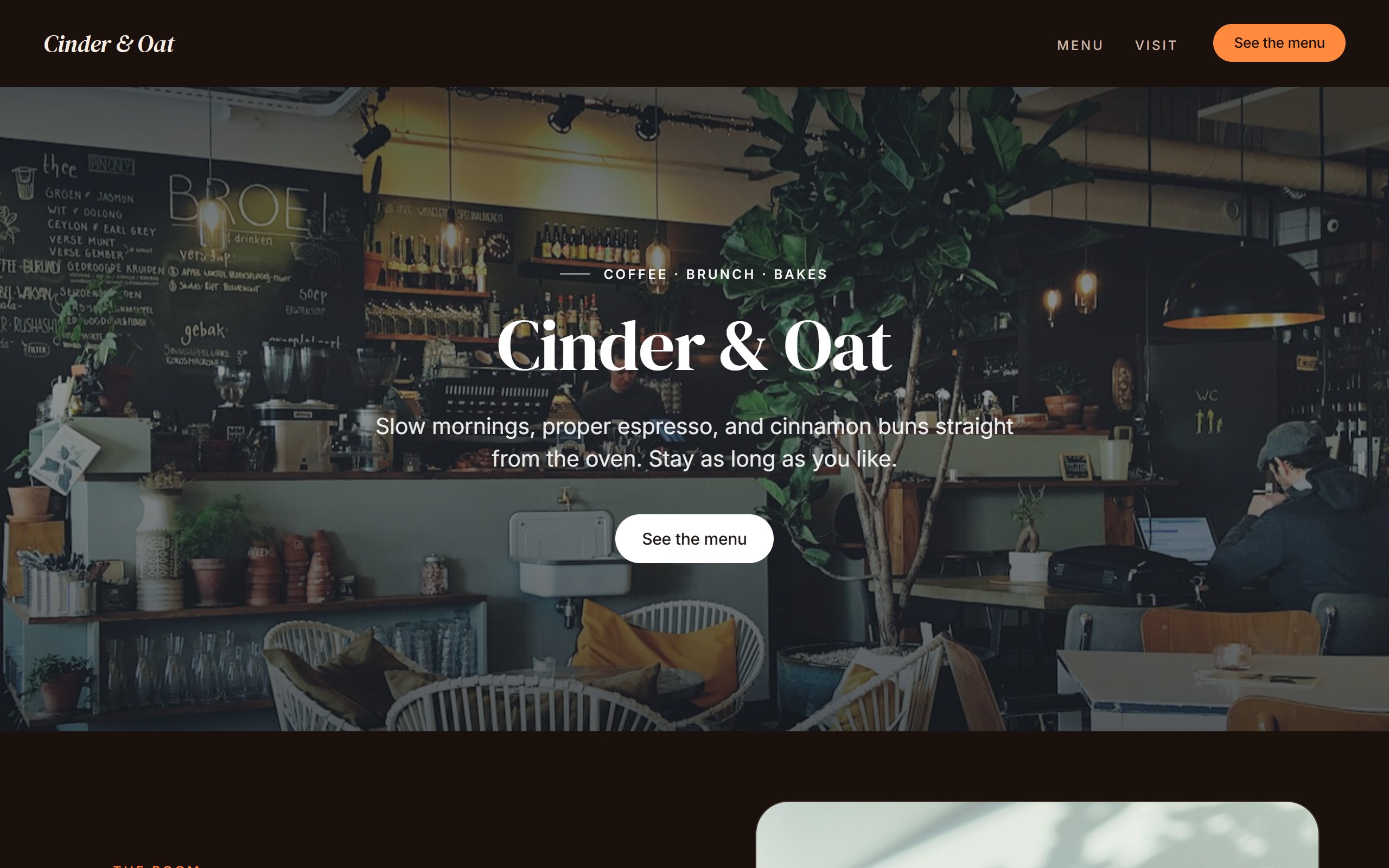 Rigtig topsektion fra demosiden Cinder & Oat, en café