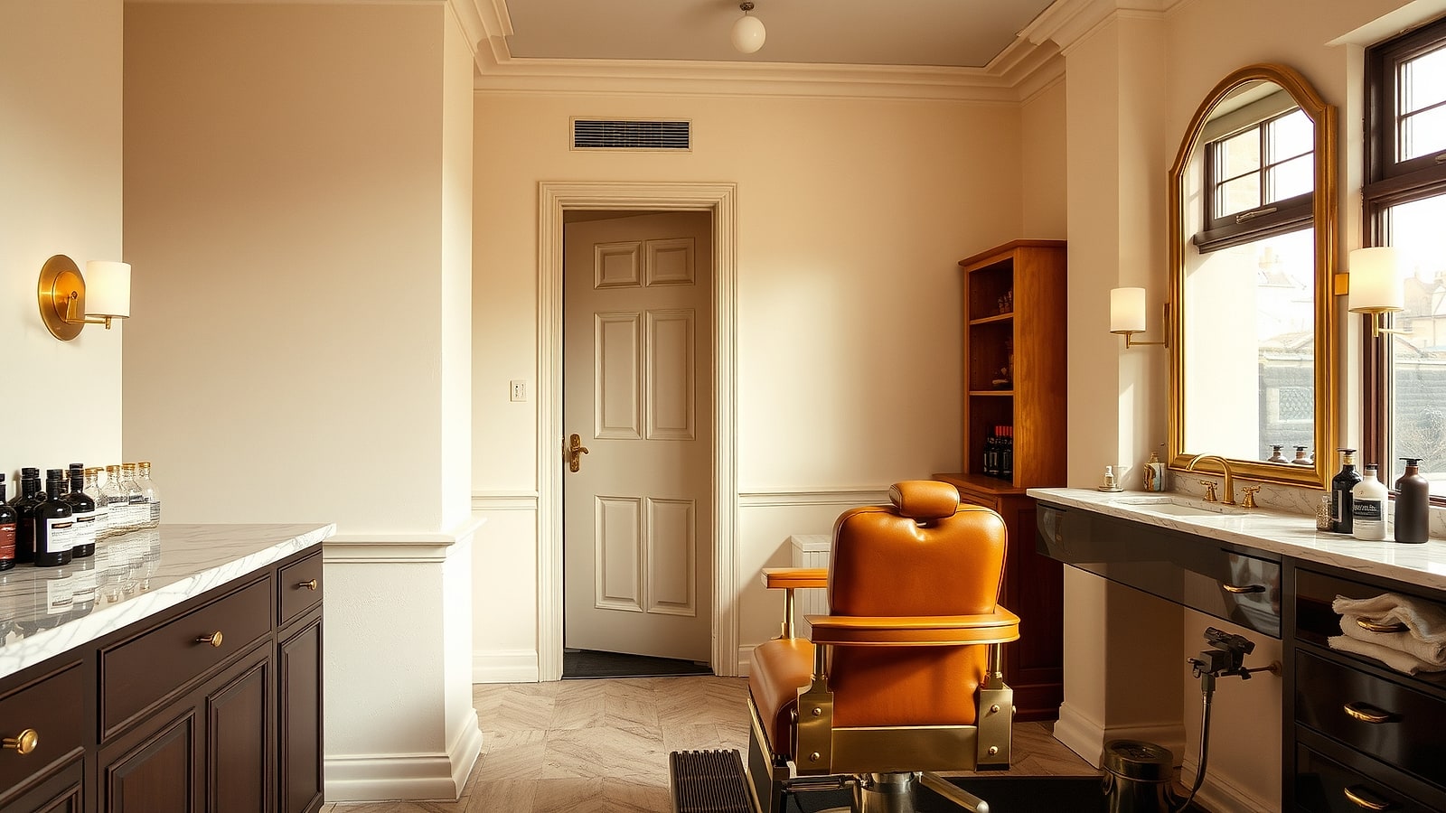 The shop floor — a tan-leather chair, brass fittings, morning light