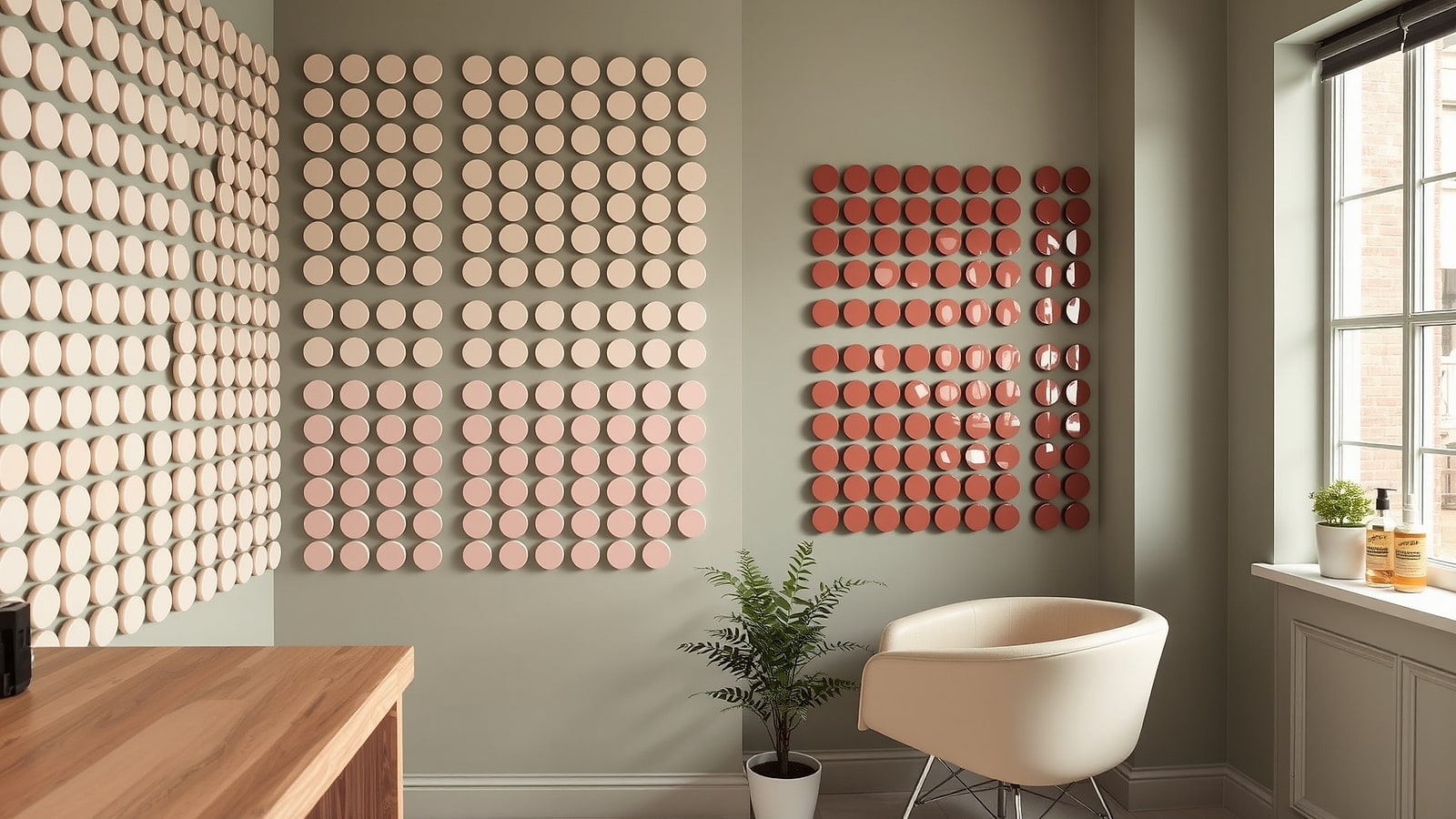 The colour wall in the nail lounge, running cream through blush to deep red