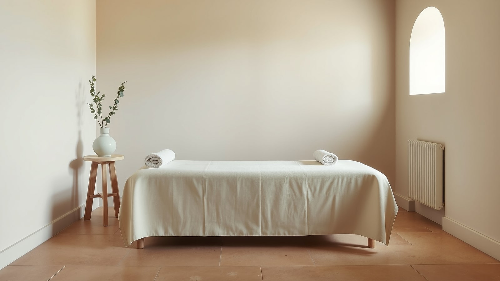 The quiet room: a single treatment bed in cream linen against a sage wall