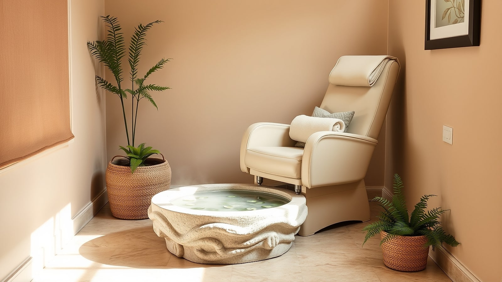 A carved stone footbath with eucalyptus leaves floating in clear water
