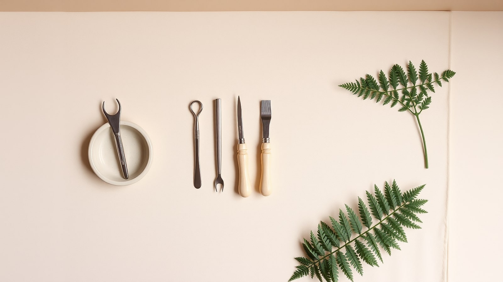 Manicure tools laid out in a row on unbleached linen