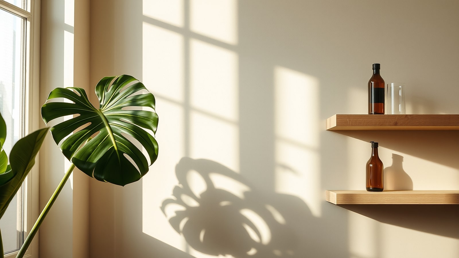 A monstera leaf's shadow thrown across a bare parchment wall