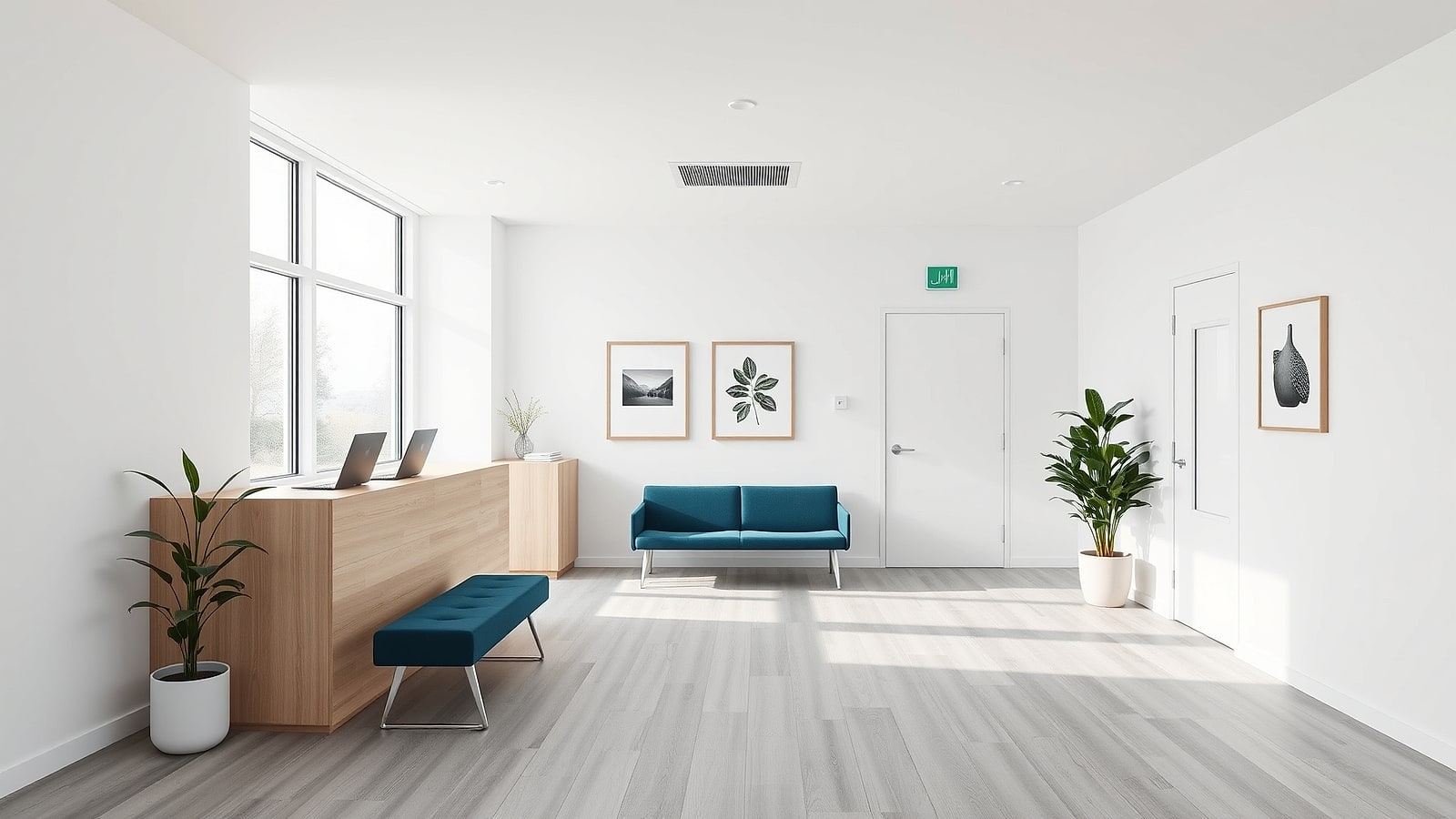 A bright consultation room — daylight, clean lines, a doctor listening